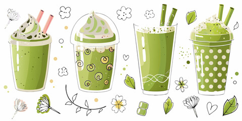Green Matcha Drinks and Botanical Elements green tea