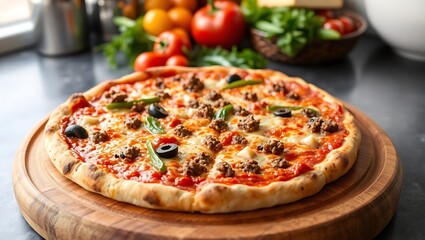 pizza on a wooden board