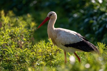 Fototapeta premium A stork with white and black feathers and a long red beak stands among green plants in a natural setting