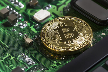 Golden Bitcoin coin placed on a green computer circuit board with electronic components, symbolizing the intersection of digital cryptocurrency and modern finance technology