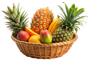 Wicker basket filled with fresh tropical fruits including pineapples bananas mangoes and oranges isolated on a transparent background
