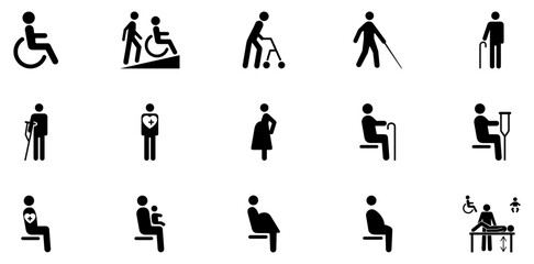 Accessibility icon set illustrating disability support, mobility aids, inclusive seating, and medical assistance. Useful for healthcare, public spaces, signage, infographics, and universal design.