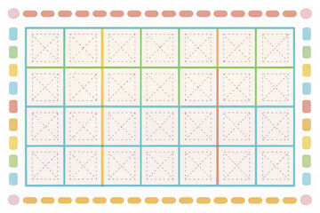 Colorful rectangular table comprises boxes and rounded edges alongside dashed lines marking the area