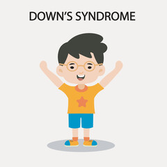 Vector illustration showing Down’s syndrome features such as low muscle tone and facial traits, highlighting key symptoms and similar conditions like Edwards and Patau syndromes.boy