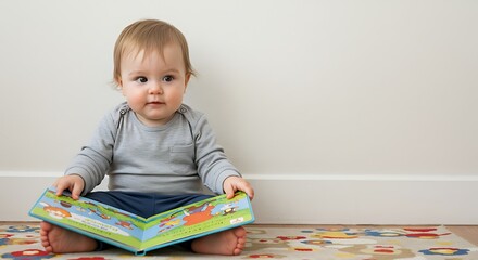 Young Baby Sitting on Floor Reading Colorful Book in Bright Room