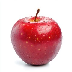 Single, bright red apple, glistening with water droplets, set against a plain white background