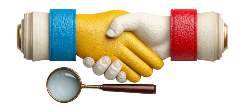 Colorful Handshake with Magnifying Glass on Transparent Background
