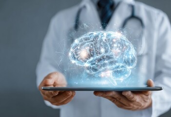 Doctor holding tablet displaying a digital brain graphic