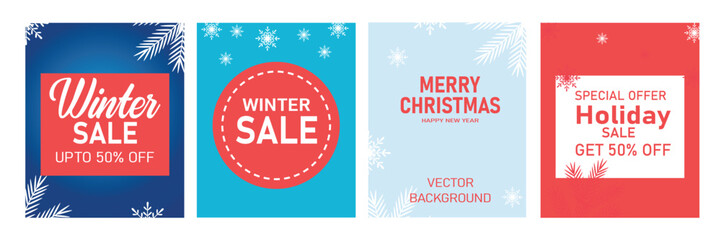 Winter sale vector poster or banner set with discount text. Winter sale on social media post frames for  greeting card, mobile app, design social media post, poster, flyer