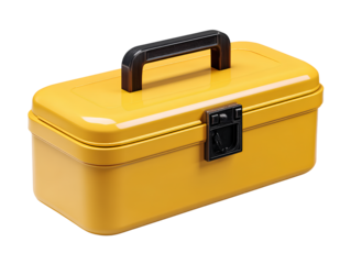 Top-down view 3D yellow toolbox icon with black handle isolated on transparent background PNG