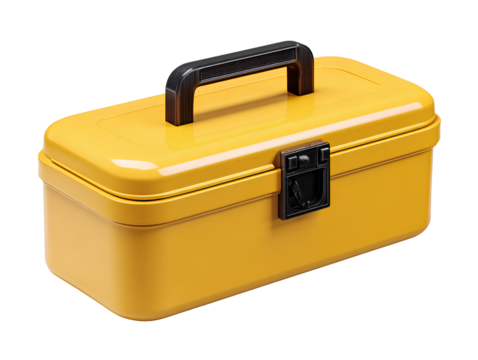 Top-down view 3D yellow toolbox icon with black handle isolated on transparent background PNG
