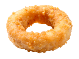 Golden fried onion ring with crispy batter and breading, a delicious and unhealthy snack isolated on transparent background
