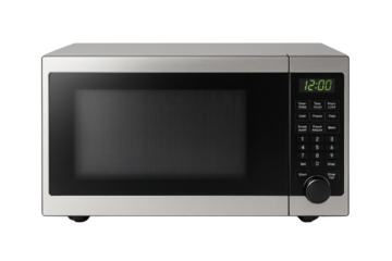 Silver microwave oven with digital display showing the time isolated PNG with Transparent Background