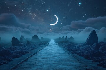 A solitary path under a celestial crescent moon promises adventure and silent contemplation in a land of mystic blues