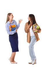 Female English and Literature teachers talking on white background