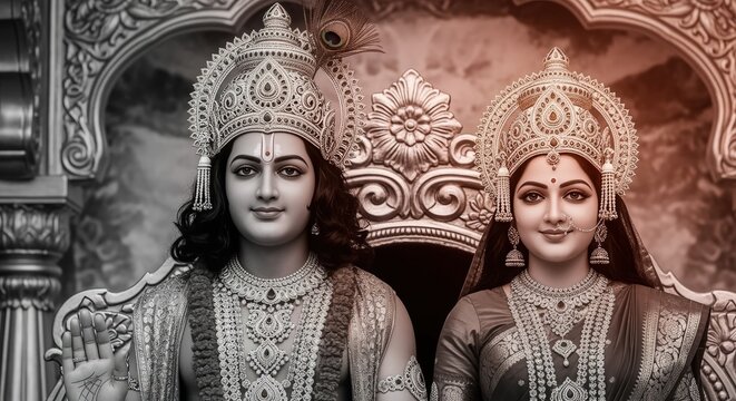 Lord krishna and radha, divine couple in hindu mythology, adorned in traditional indian attire and jewelry