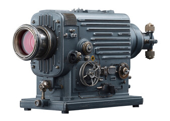 Isolated Side View of Film Projector with Lens Housing on Background
