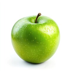 Single, vibrant green apple, slightly glossy, with water droplets, on a plain white background