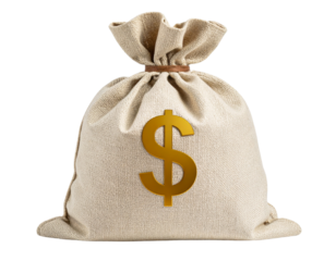 A filled cloth money sack with visible bulges, decorated with a metallic golden dollar symbol, shown from an angled side view with natural shading, isolated on a transparent background.