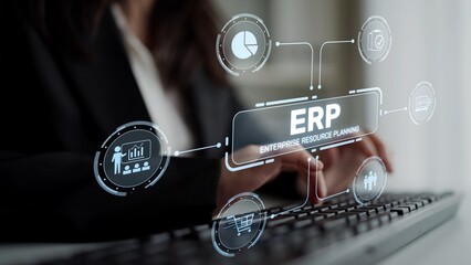 ERP platform visual showing centralized system for enterprise resource planning, improving integration, data flow, business efficiency, finance, inventory, and human resources. Muxer