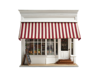Charming red and white striped awning small shop model, Isolated On White Background, Png Transparent