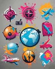 Collection of travel-themed graphic elements, including globes, airplanes, compasses, and suitcases.