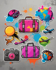 Colorful travel-themed stickers featuring airplanes, suitcases, globes, and a camera, representing journeys.