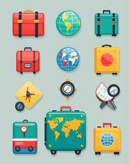 Colorful travel icons: suitcases, globes, compasses, and maps.