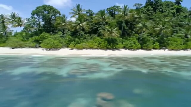 Idyllic tropical island beach paradise featuring clear turquoise ocean, white sand, lush jungle, and vibrant coral reefs.