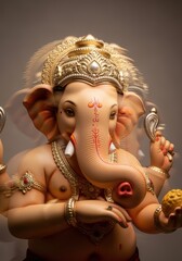 Closeup of a colorful ganesha idol, the hindu god of wisdom and remover of obstacles, with intricate details