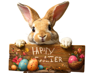 PNG Smiling Bunny Rabbit Holding Happy Easter Sign Springtime Celebration against Transparent Background