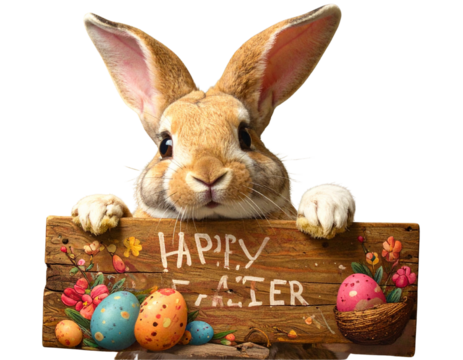 PNG Smiling Bunny Rabbit Holding Happy Easter Sign Springtime Celebration against Transparent Background