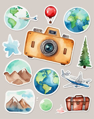 A collection of watercolor travel-themed stickers featuring globes, airplanes, a hot air balloon, mountains, a suitcase, and a camera.