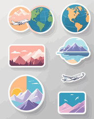 A collection of modern travel-themed stickers featuring airplanes, world globes, and scenic mountain landscapes.