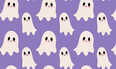 Cute Cartoon Ghosts Seamless Pattern. Kawaii Halloween Characters with Different Faces. Halloween Background	
