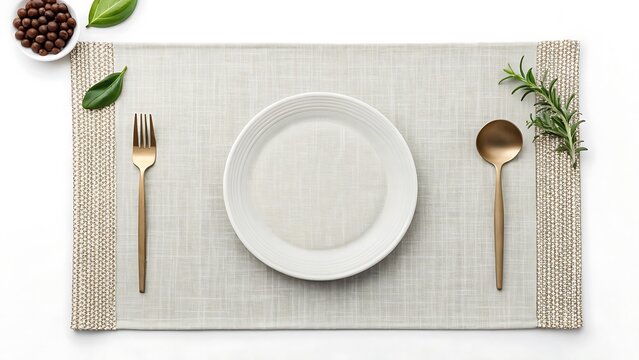 White plate with gold fork and spoon on textured placemat with rosemary and peppercorns ceramic empty