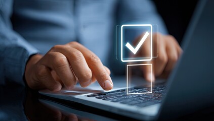 Close-up of hands on laptop keyboard with a checkmark overlay