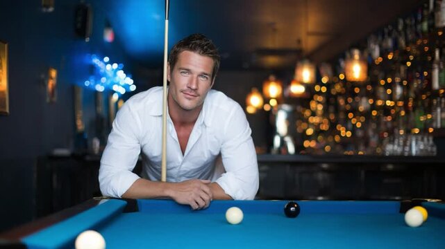 Cue Sport Stance: A composed individual, dressed in a stylish shirt, exudes confidence while poised at a billiards table, the inviting backdrop of the dimly lit bar enhances the mood of leisure.