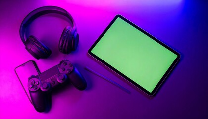 Gaming setup with tablet green screen mockup and controllers under neon purple light