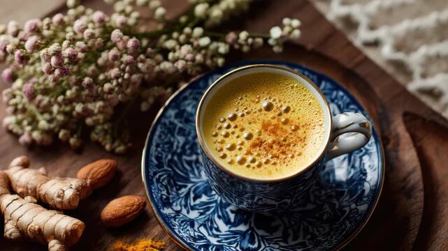 Golden Elixir: A vibrant cup of golden milk, a comforting beverage, adorned with flower and presented on a wooden tray, offering a visual feast of health and wellness.