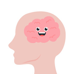 Human head with happy brain cartoon character. Healthcare, mental health, psychological problem, care, stress, anxiety, mindset  concepts. Flat vector design isolated illustration.