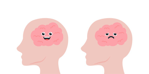 Human head with happy and sad brain cartoon character. Healthcare, mental health, psychological problem, care, stress, anxiety, mindset concepts. Flat vector design isolated illustration.