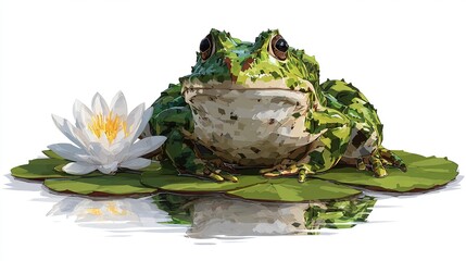 A green frog sits on a lily pad, a white lily beside it, reflecting in still water