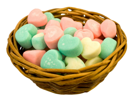 PNG Pastel Heart Candies in Wicker Basket Valentines Day Sweet Treat - Powered by Adobe