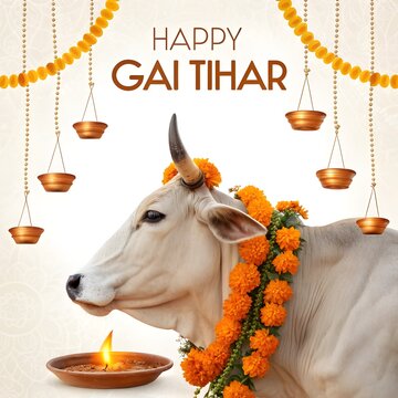 Sacred Cow Blessings Poster, gai tihar poster, cow worship nepali art, nepali festival blessings poster, happy tihar wishes design, visual, majestic, spectacular, display, expression, fantastic