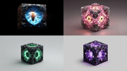 Four digital renders of glowing, cubic, crystalline structures with intricate detailing and internal light sources, showcasing variations in color and texture
