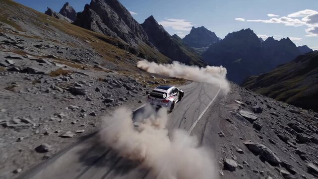 mountain rally car accelerates across rugged pass, mountain rally dust clouds rise with daring maneuvers, mountain rally displays raw adrenaline along high-altitude twists. concept bold adventure