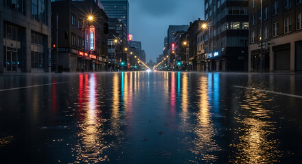 Urban reflections shimmering in city street after rain, capturing the calm of solitude and quiet beauty