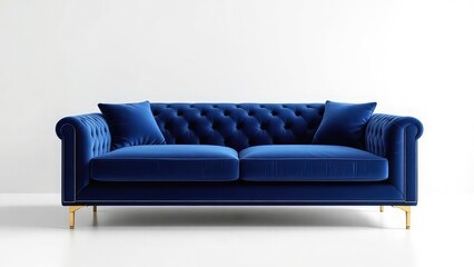 A royal blue velvet chesterfield sofa with two pillows and gold legs against a white backdrop