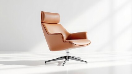 A light brown leather chair with a headrest and black metal legs on a white background in a studio setting